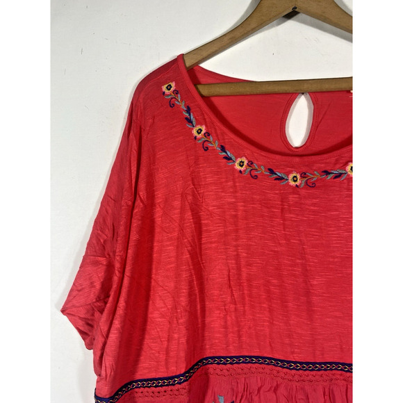 Westbound Top Tunic 1X Coral Pink Embroidered Floral Empire Waist Boho Peasant - Picture 2 of 11
